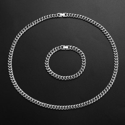 2pcs/ set 8mm 316L Stainless Steel Encrypted Cuban Chain Necklace Bracelet Fashion Jewelry Set for Men Handsome Hip Hop Rock Style Party Gift Accessories