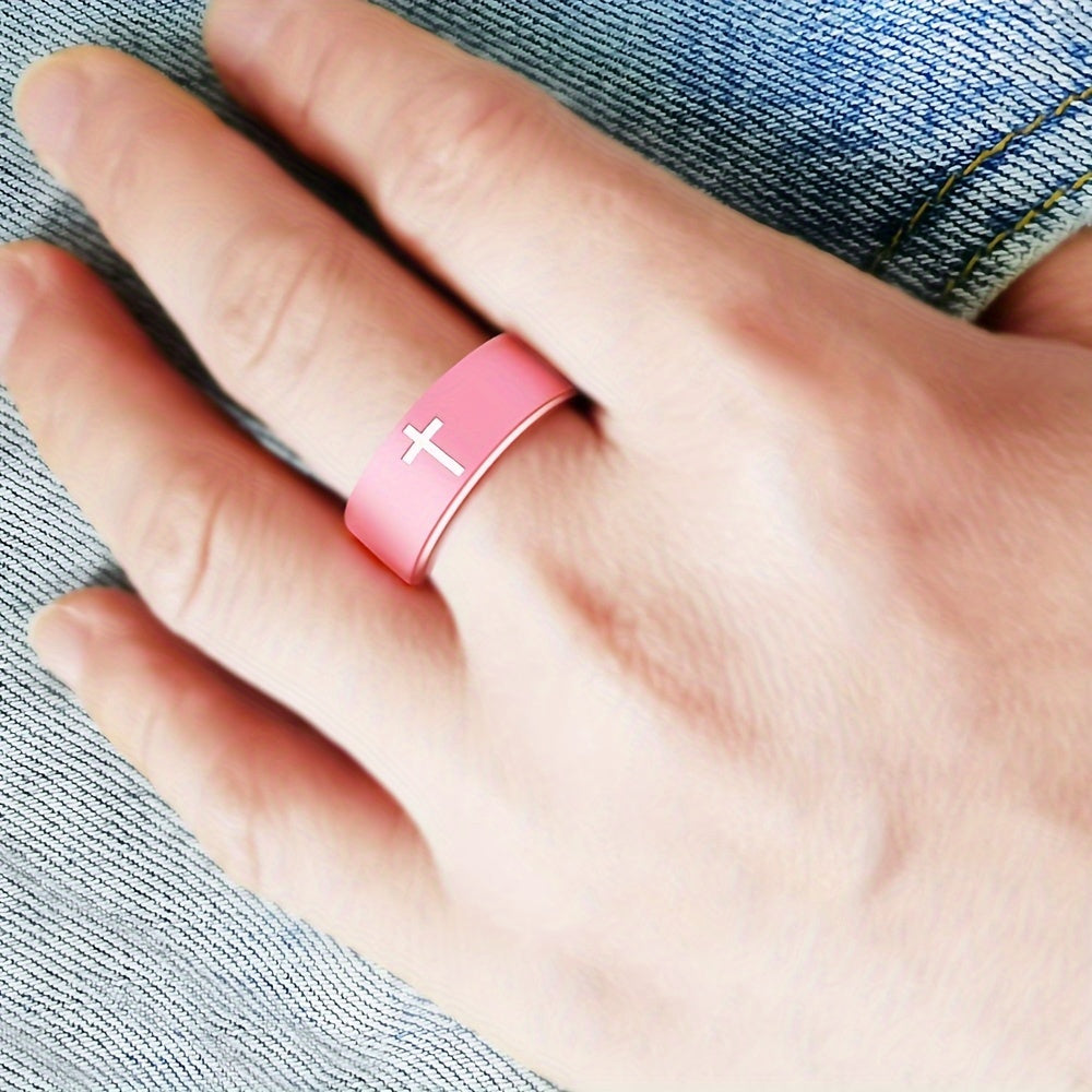 Cross Silicone Carved Ring, Fashion Easy Daily Engagement Proposal Wedding Outdoor Sports Ring Men Women Marriage Anniversary Valentine'S Day Father'S Day Mother'S Day Party Halloween Gift Jewelry Ring Cross Breathable Comfortable Ring 8Mm Bla
