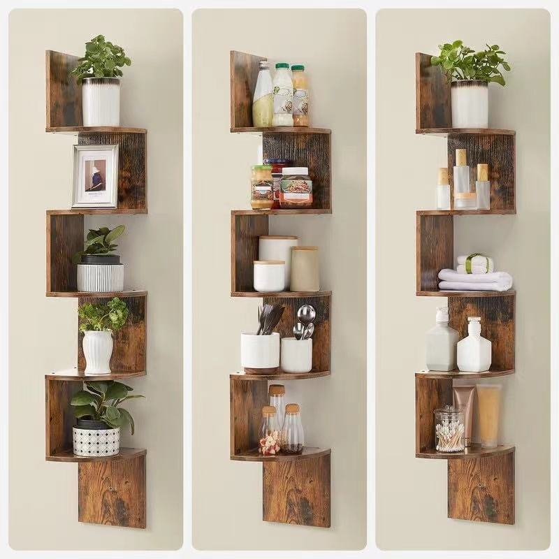 1pc 5-Tier Wooden Corner Shelf - Space-Saving Floating Bookcase & Display Stand | Easy Assembly Storage Rack for Books, Plants & Decor in Living Room, Office & Bathroom