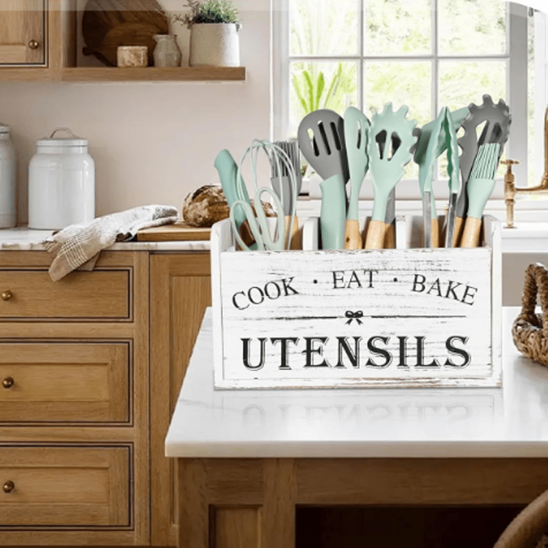 Kitchen Utensil Holder with 3 Compartments, Organizer with 3 Compartment and, Farmhouse Utensil Organiser Cutlery Caddy, Cooking Tools Storage for Countertop (white)