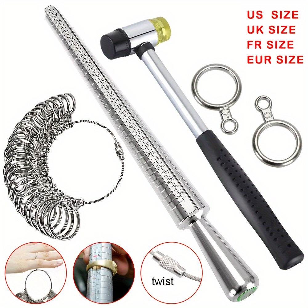 Ring size mandrel kit finger gauge size jewelry standard tool 1xjewelers rubber hammer+1xring mandrelsizer+27xcircle models