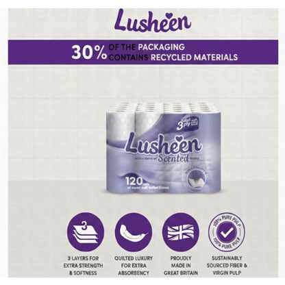 Lusheen Lavender 3-Ply Toilet Roll 120 Rolls Bulk Pack 150 Sheets Per Roll Quilted Scented Ultra-Soft Toilet Paper UK