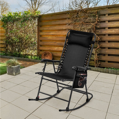 Costoffs Patio Chair Foldable Rocking Chair, Outdoor Lounge Chair with Headrest Pillow for Outdoor Use Only, Napping or Sunbathing, Black/Beige/Navy Blue Outdoor Use Only
