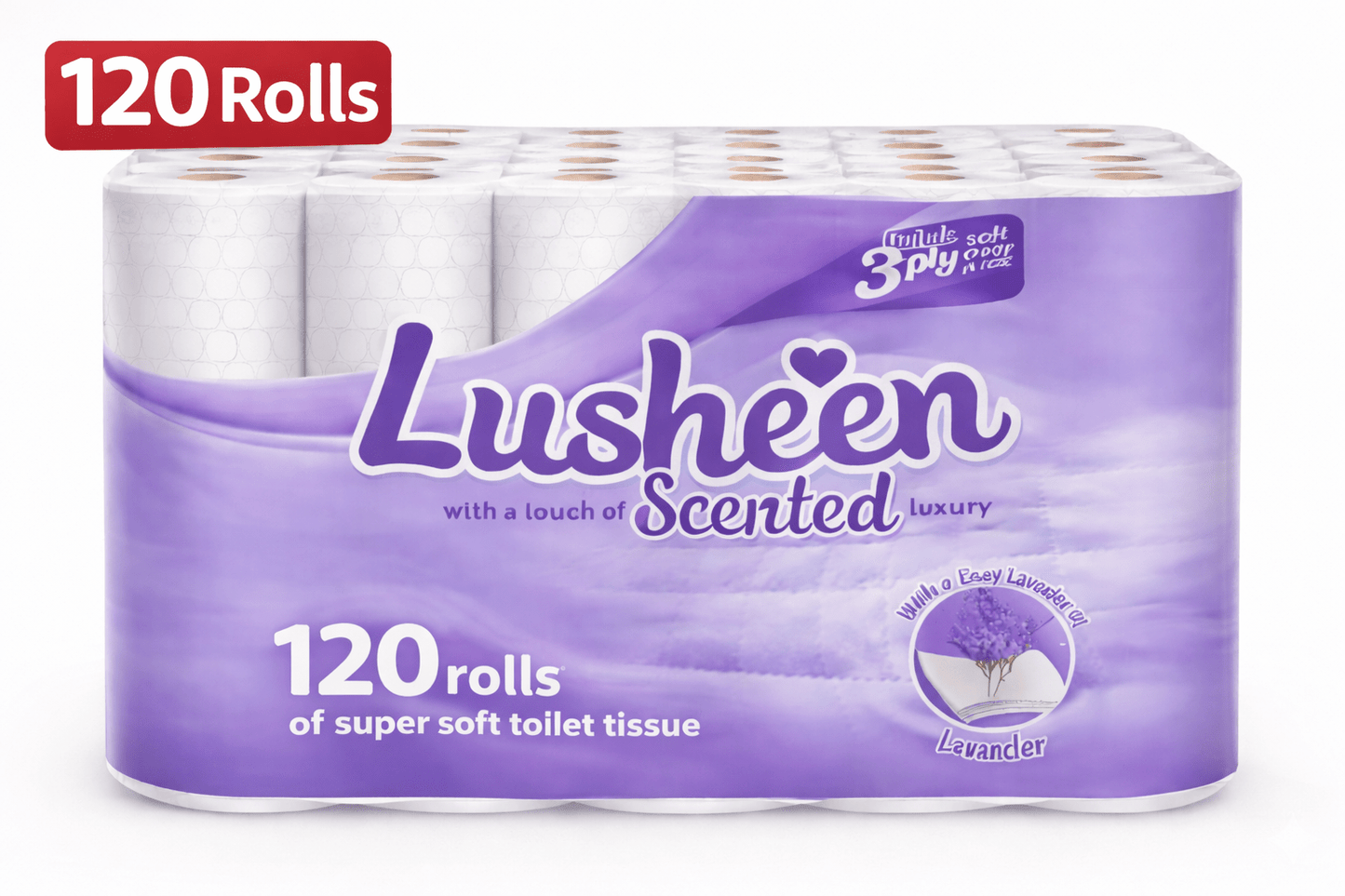 Lusheen Lavender 3-Ply Toilet Roll – 120 Rolls Bulk Pack (150 Sheets/Roll) – Premium Quilted, Scented & Ultra-Soft Toilet Paper