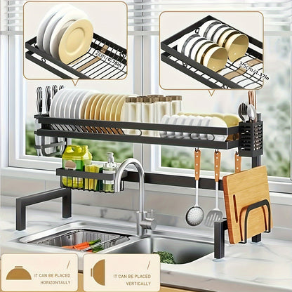 1pc Dish Rack, Stainless Steel Over Sink 2 Layers Dish Rack, Large Capacity Space-saving Dish Storage Organizer, For Kitchen Countertop, Kitchen Organizers And Storage, Kitchen Accessories