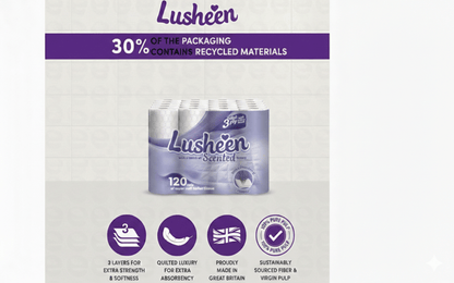 Lusheen Lavender 3-Ply Toilet Roll – 120 Rolls Bulk Pack (150 Sheets/Roll) – Premium Quilted, Scented & Ultra-Soft Toilet Paper