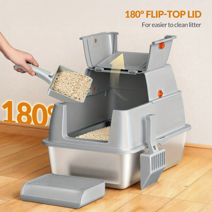 Stainless Steel Litter Tray with Lid, Enclosed Litter Box, Hinged Lid for Easy Cleaning, Includes Pedal And Scoop, Modular Design, 61L X 41W X 40H Cm, Light Grey