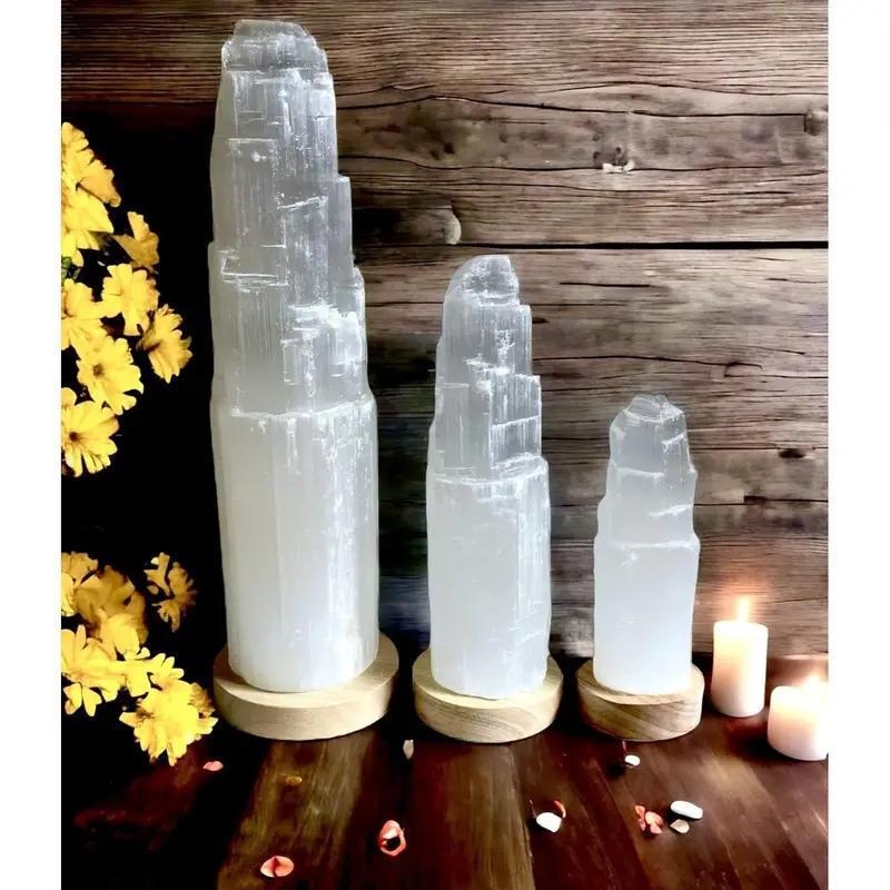 Selenite Crystal USB LED Lamp with Wooden Base Handmade White Crystal Tower white Light lamp for Home Decoration, Meditation, Yoga & Gifting