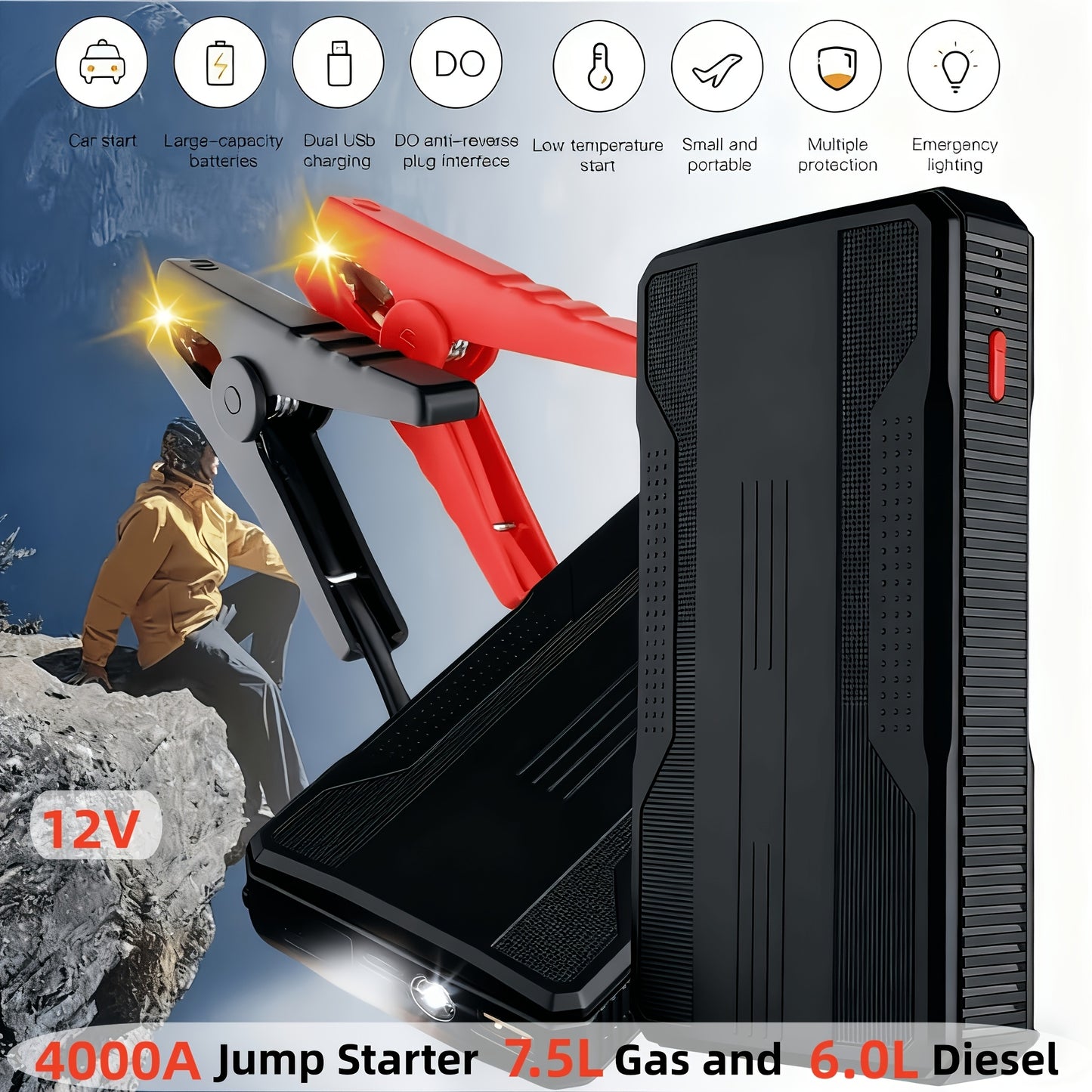 KOPUO Car Battery Jump Starter Portable 3000A: Supports 1.32gal Gas/1.06gal Diesel, with Safe Jumper Cables+Fast Charge+LED Light/SOS, Essential for Camping Trips/Long-Distance Road Trips/Vehicle Breakdowns