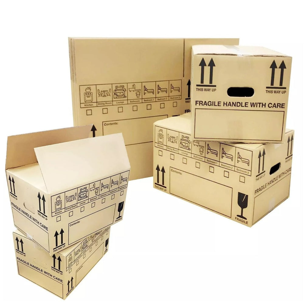 Large Printed House Removal Cardboard Boxes with Carry Handles & Room Checklist – Strong Double Wall Moving Boxes 18x12x10 Inch