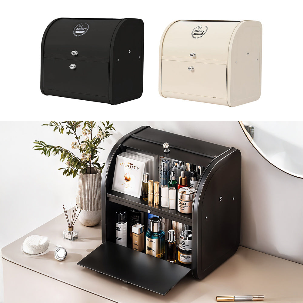 2-tier Bread Bin Metal Bread Box Holder for Kitchen Bread Storage Containers with Roll Top, Bread Container for Kitchen Countertop, Space Saving, Cream White/ Black