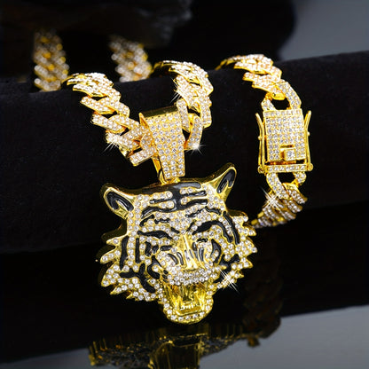 3pcs Dazzling Cool 3D Tiger Pendant Necklace And Bracelet Set, Trendy Miami Cuban Chain Jewelry Set, Unisex Hip-Hop Men'S Necklace Jewelry, Durable Construction And Versatile Style