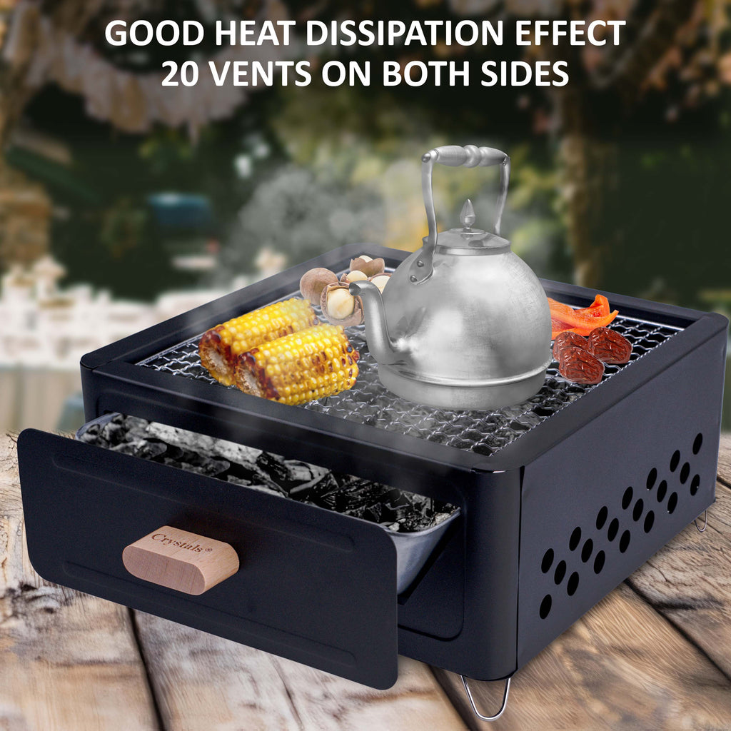 BBQ Grill with Foldable, Wood, Folding Tabletop Charcoal Portable Enamel - product gallery image 9