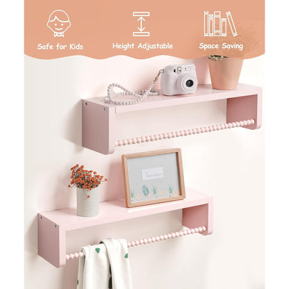 40cm Set of 3 Shelves Floating Book Shelf for Wall, Shelves for Bedroom Bookshelf Pink Room Decor, Solid Wood Small Organizer With Wooden Bead Design