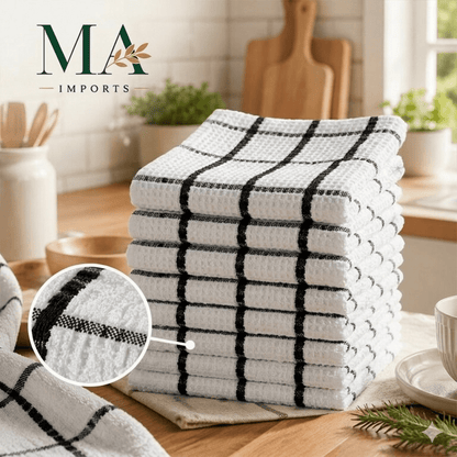 12 Pack white Kitchen Towels with black checkered stripe patterns set 60x40cm, Bulk Cleaning Towels, Cotton Soft Dish Cloths, Plaid and Checkered Tea Towels for Kitchen Cleaning and Daily Household Use