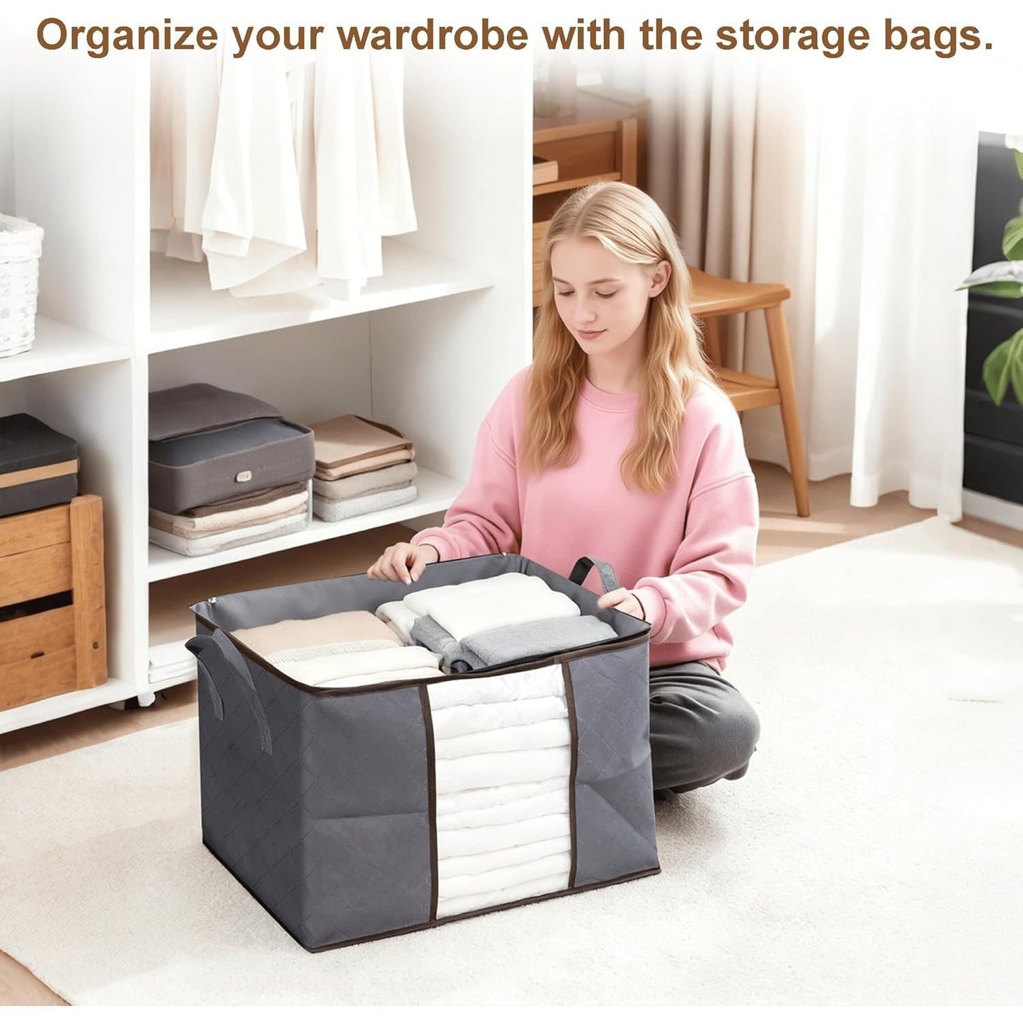 6pcs 90L Large Capacity Fabric Storage Bags for Clothes & Bedding | Foldable Wardrobe Organizers with Handles & Clear Window | Dust & Moisture Protection | Home & Dorm Use