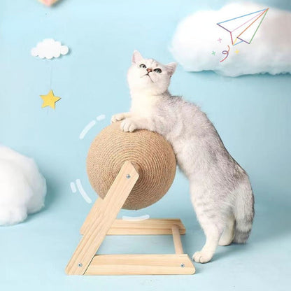Sisal Ball Cat Scratching Board with Rotating Ball & Cat Hole | Natural Wood Triangular Cat Scratcher | Wear-Resistant Interactive Boredom Relief Toy for Cats | 18x18x16cm