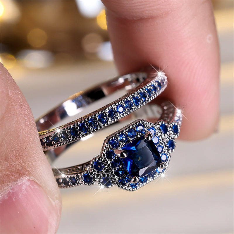 Set of 2, Elegant Blue Synthetic Zirconia White K Plated Stackable Rings, Ideal for Luxury Events, Parties, Festivals, And Everyday Use, Perfect for Any Season