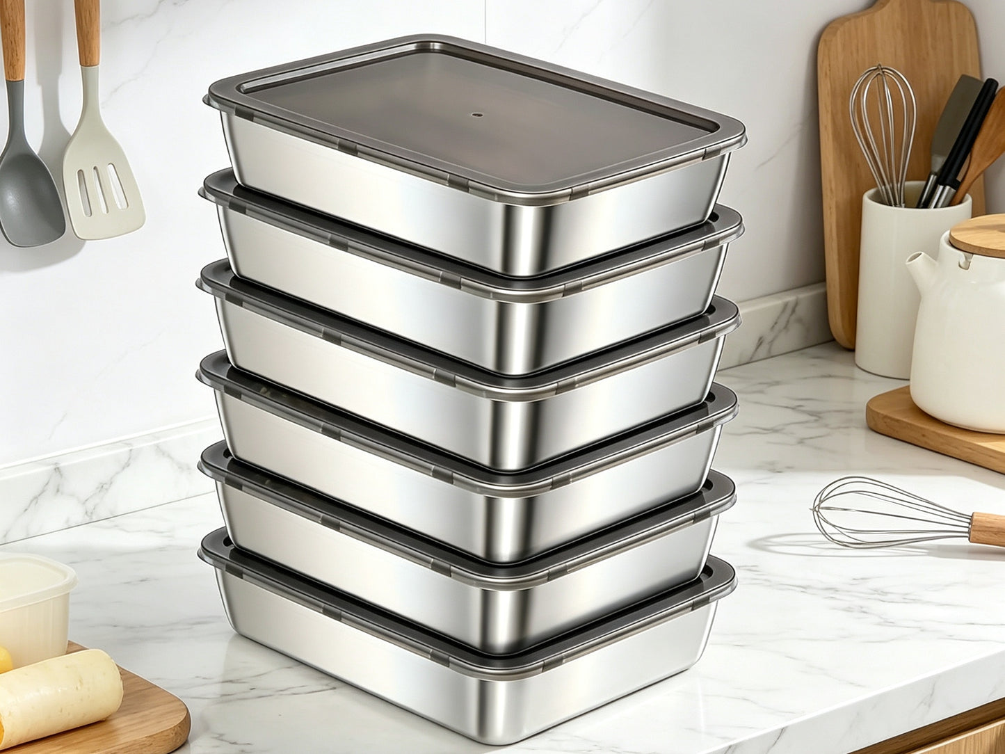 Stainless Steel Food Storage Containers 6pcs Set - Airtight Lunch Boxes, Microwave Safe, Stackable Kitchen Organization Containers for Fridge/Freezer