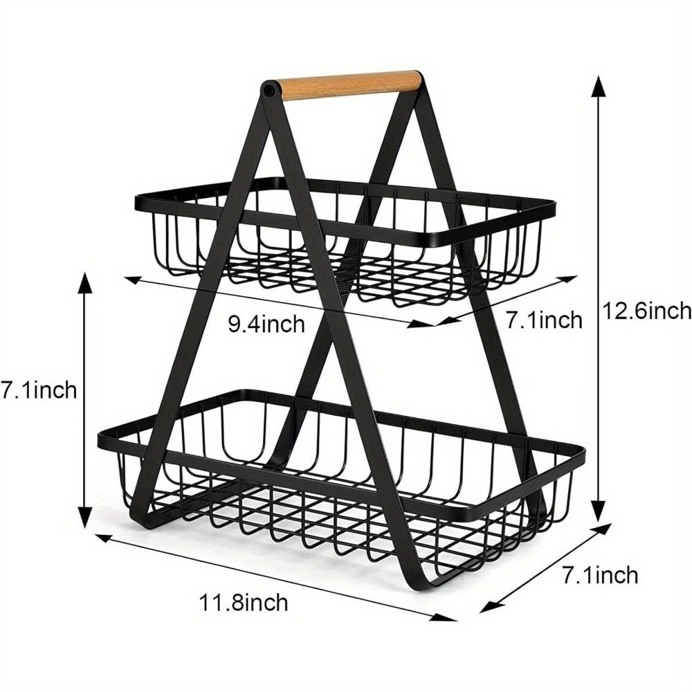 Fruit Basket 2 Tier Detachable Metal Bowl with Wooden Handle Powder Coated Black Kitchen Counter Storage for Fruit Vegetables Bread Snacks Office Organiser Rack