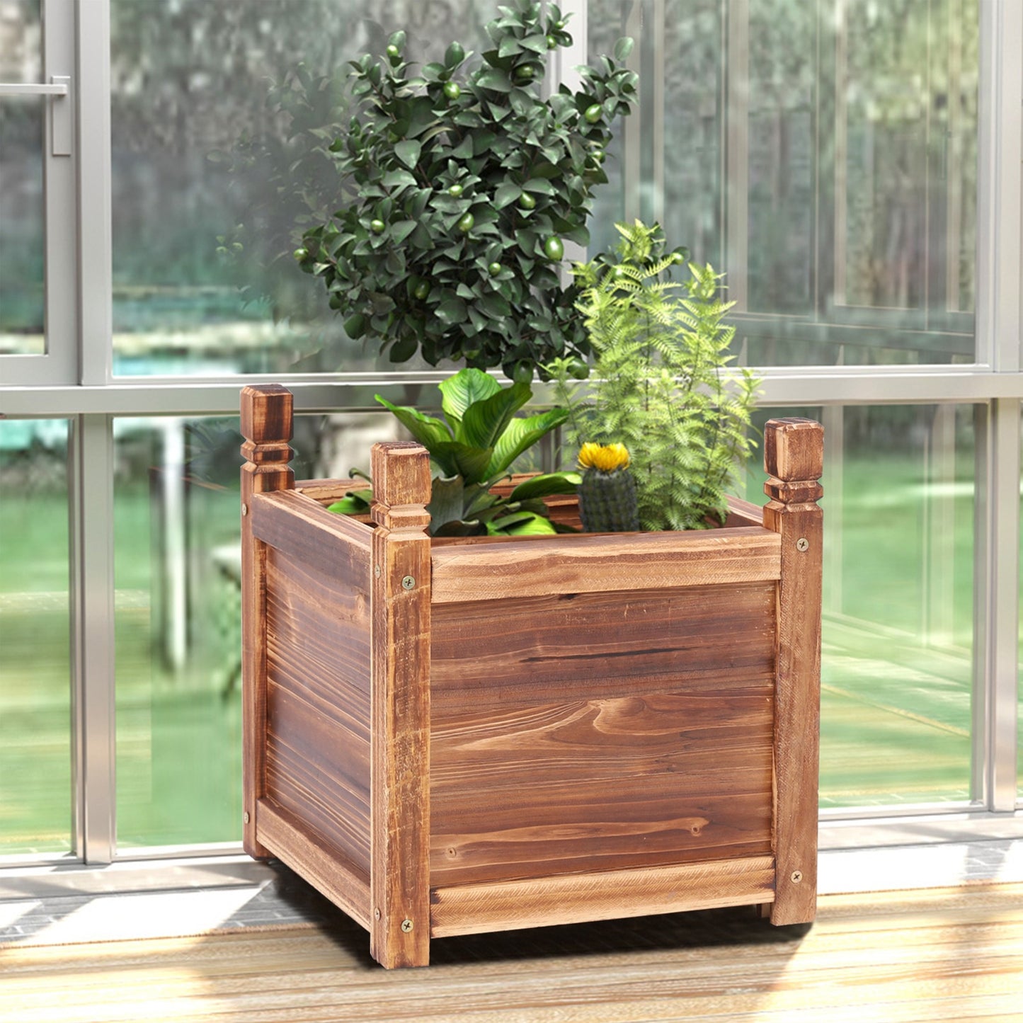30cm/60cm/90cmL Wooden Rectangular Planter Box Raised Garden Yard Patio Flower Vegetable Planter Bed Indoors Outdoors