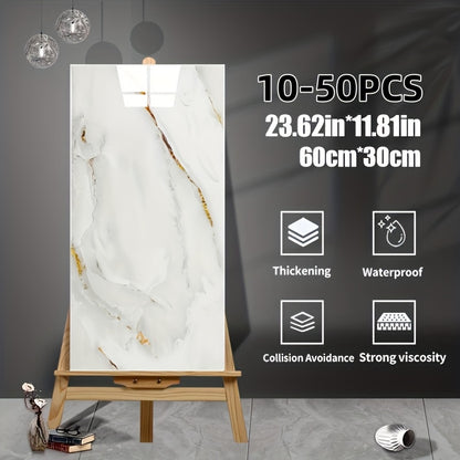 10-50pcs Marble Pattern Self-Adhesive Wall Decor Stickers, Glossy Finish, Washable Crystal Plastic Surface Recommended, Rectangle Waterproof And Oil Resistant Vinyl Wall Panels for Kitchen Bathroom Decor, for Halloween Christmas