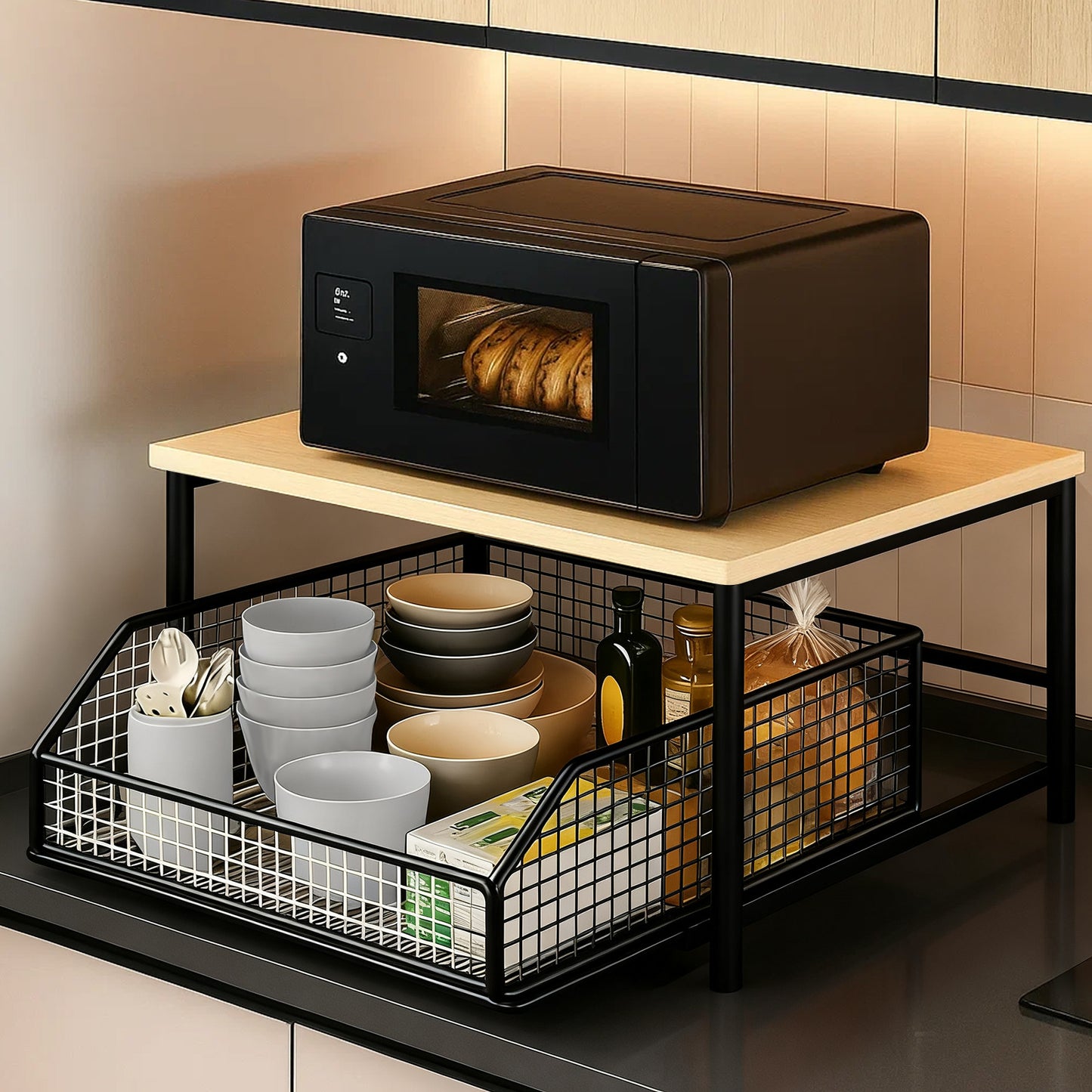 Space-Saving Kitchen Countertop Storage Rack with Drawers And Metal Baskets - Sturdy And Durable Double-Layer Metal Storage Rack for Cookware, Tableware, And Condiments - Modern Black And White Design.