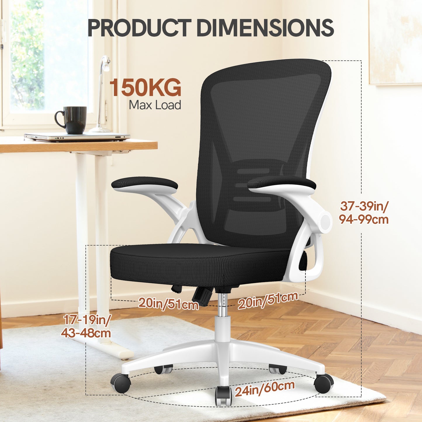 GartistGo Office Chair Ergonomic Desk with 90° Flip-up Armrest Lumbar Support, Height Adjustable Chair, Executive Swivel Computer Padded Seat Cushion for Home/Office