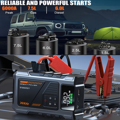 12000mAh Jump Starter Power Pack - 6000A Car Battery Booster - 12V Jump Starter with 150PSI Tire Inflator - Portable Air Compressor with LCD Display - Jump Starter Power Bank (1.98gal Gas/1.59gal Diesel) - LED Light