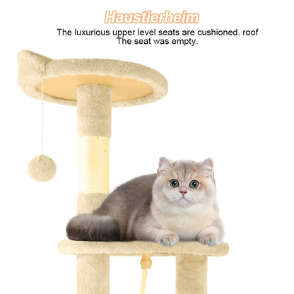 A Luxurious Beige Cat Tree, Super Large And Four Stories High, Featuring a Scratching Post, a Hanging Ball, And a Snug Little House. an Ideal Present for Indoor Cats, This Cat Tower Includes a Litter Area And a Scratching Board