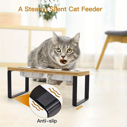 Raised Cat Food Bowl Elevated Feeder with 2 Stainless Steel Bowls – 15° Tilted Double Dish Feeding Station for Indoor Cats, 33x16x12cm