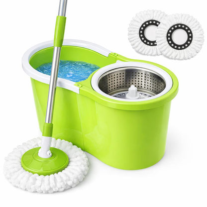 360° Spin Mop and Bucket Set with Wringer Easy Wring Floor Cleaning Mop with 2 Reusable Microfiber Head for Household Bathroom Toilet Cleaner