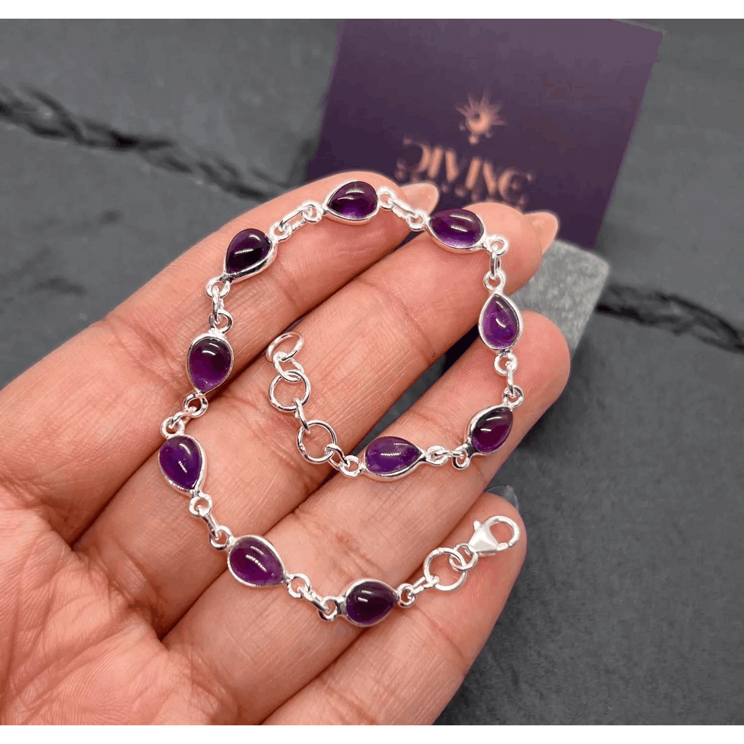 925 Sterling Silver Natural Gemstone Adjustable Bracelet ~ Teardrop Link Bracelet ~ Simple Elegant Jewelry