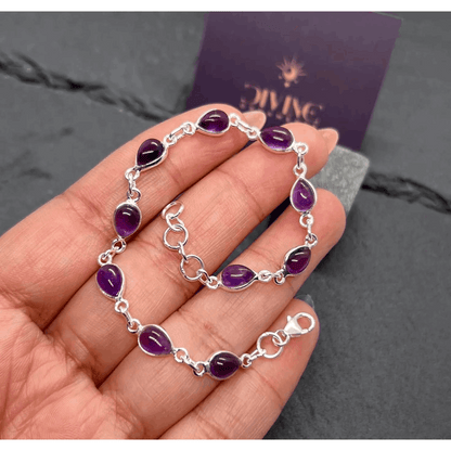925 Sterling Silver Natural Gemstone Adjustable Bracelet ~ Teardrop Link Bracelet ~ Simple Elegant Jewelry