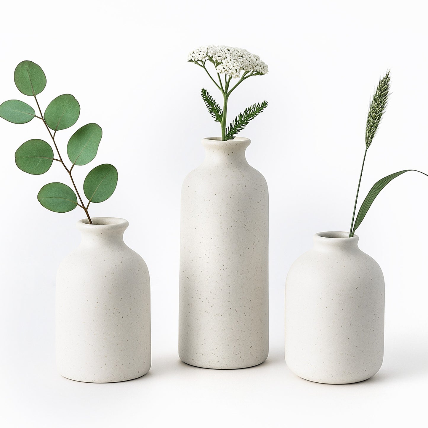 Set of 3 Small Ceramic Vases for Home Decor Table Centrepieces Rustic Farmhouse Style, Mini Decorative Vases (White)