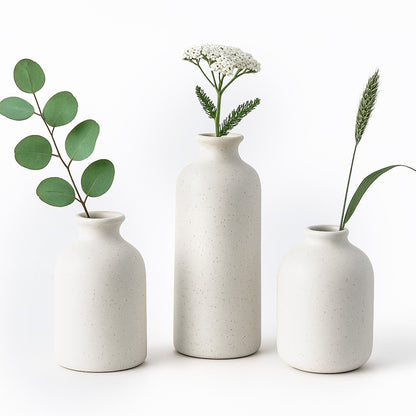 Set of 3 Small Ceramic Vases for Home Decor Table Centrepieces Rustic Farmhouse Style, Mini Decorative Vases (White)