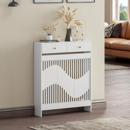 Modern White MDF Wood Radiator Cover with Drawers - Contemporary Style, Great Choice for Living Room, Bedroom, Hallway, Suitable for Placing Decorative Items and Storing Small Objects.