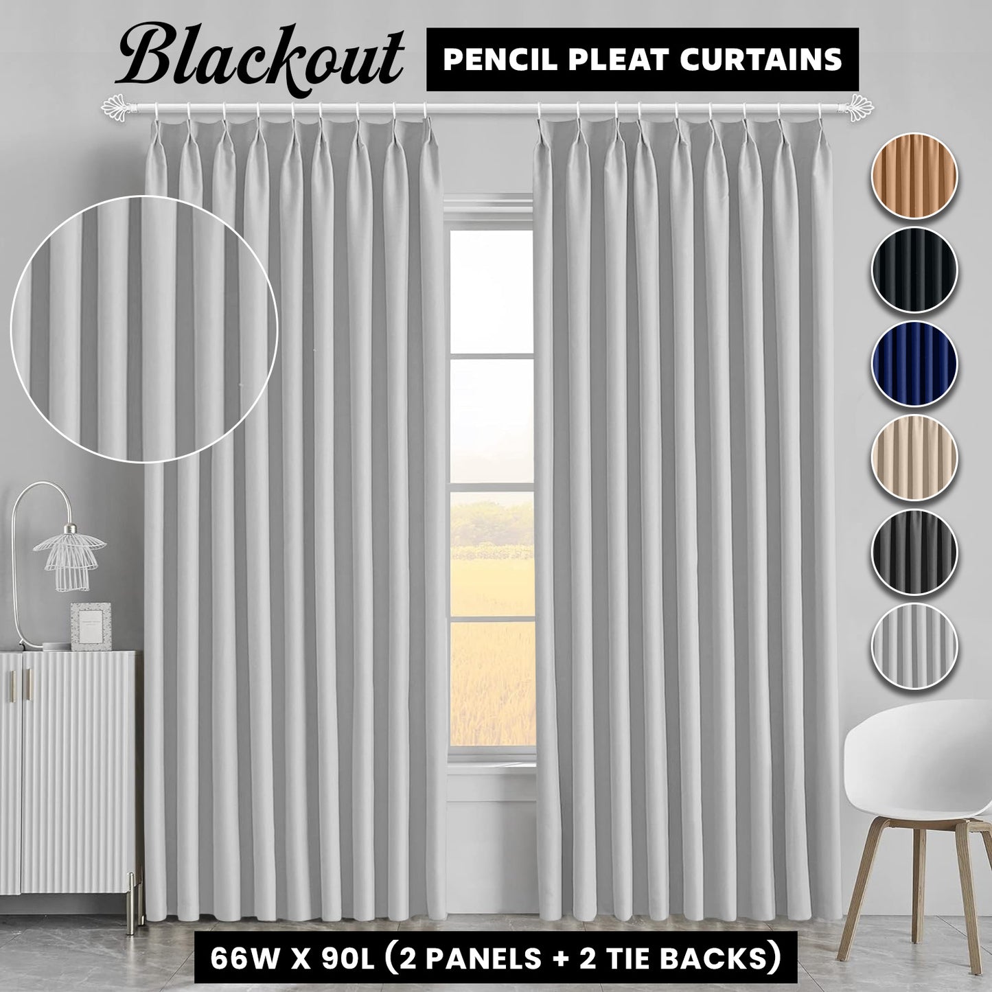 2pcs Premium Blackout Pencil Pleat Curtains – Heavy Duty Thermal Insulated Window Drapes with Matching Ties, Noise Reducing, Energy Saving & UV Blocking, Perfect for Bedroom & Living Room