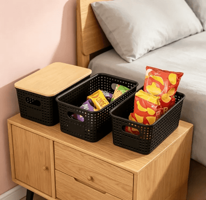 6-Pack Black Stackable Storage Bins with Bamboo Lids – Modern Lidded Plastic Boxes for Kitchen, Bathroom, Office, or Wardrobe Organization