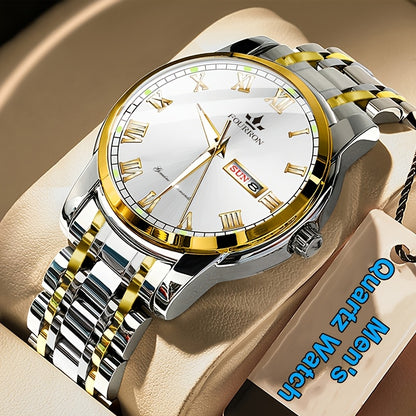 1pc FOURRON Brand New Trendy Fashion Men'S Quartz Watch Stainless Steel Strap with Day Date, Roman Numeral Disc Multi-Function Luminous Luxury Men'S Wristwatches, Friends And Relatives Birthday Gifts, Holiday Party Gifts Preferred Choice