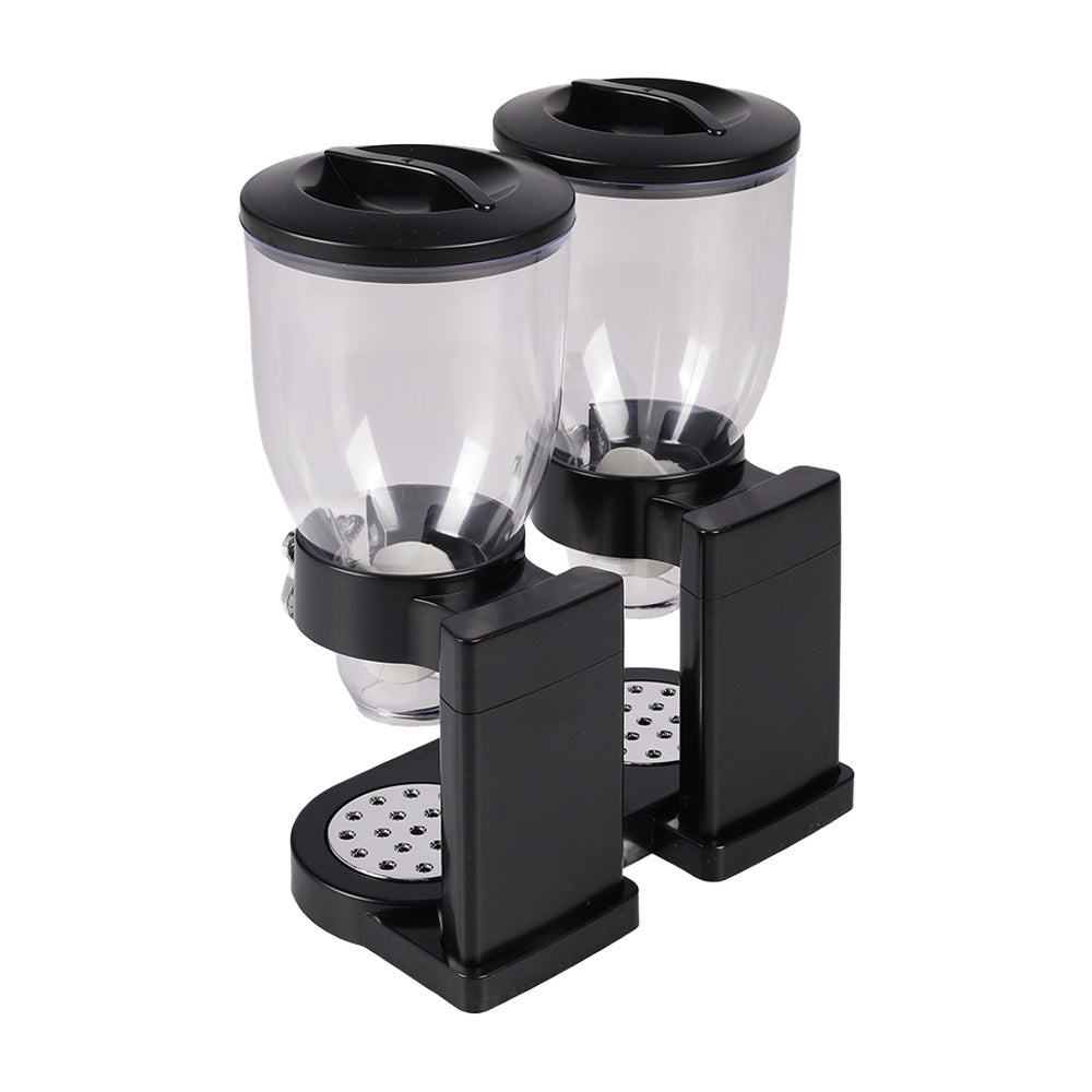 Black Plastic Dual-Chamber Grain Dispenser, Kitchen Oats and Snacks Storage Container, Breakfast Cereal Dispenser, 4L Large Capacity
