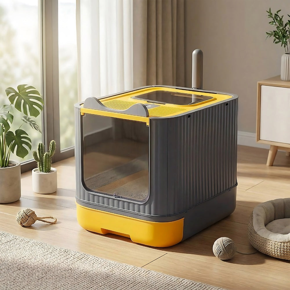 Enclosed Cat Litter Box with UV Sterilisation & Deodoriser | Large Hooded Cat Toilet with Drawer Tray & Scoop | Anti-Splash Odour Control Litter Tray | 44.5x36.5x34.5cm | Grey