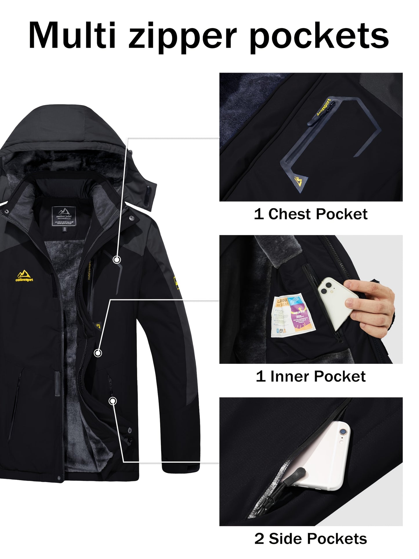 Men'S Ski Jacket Winter Warm Fleece Lined Coats Outdoor Snowboard Thermal Hiking Parka Chest Pockets Hooded Jogging Camping Fishing Climbing Casual Windbreaker