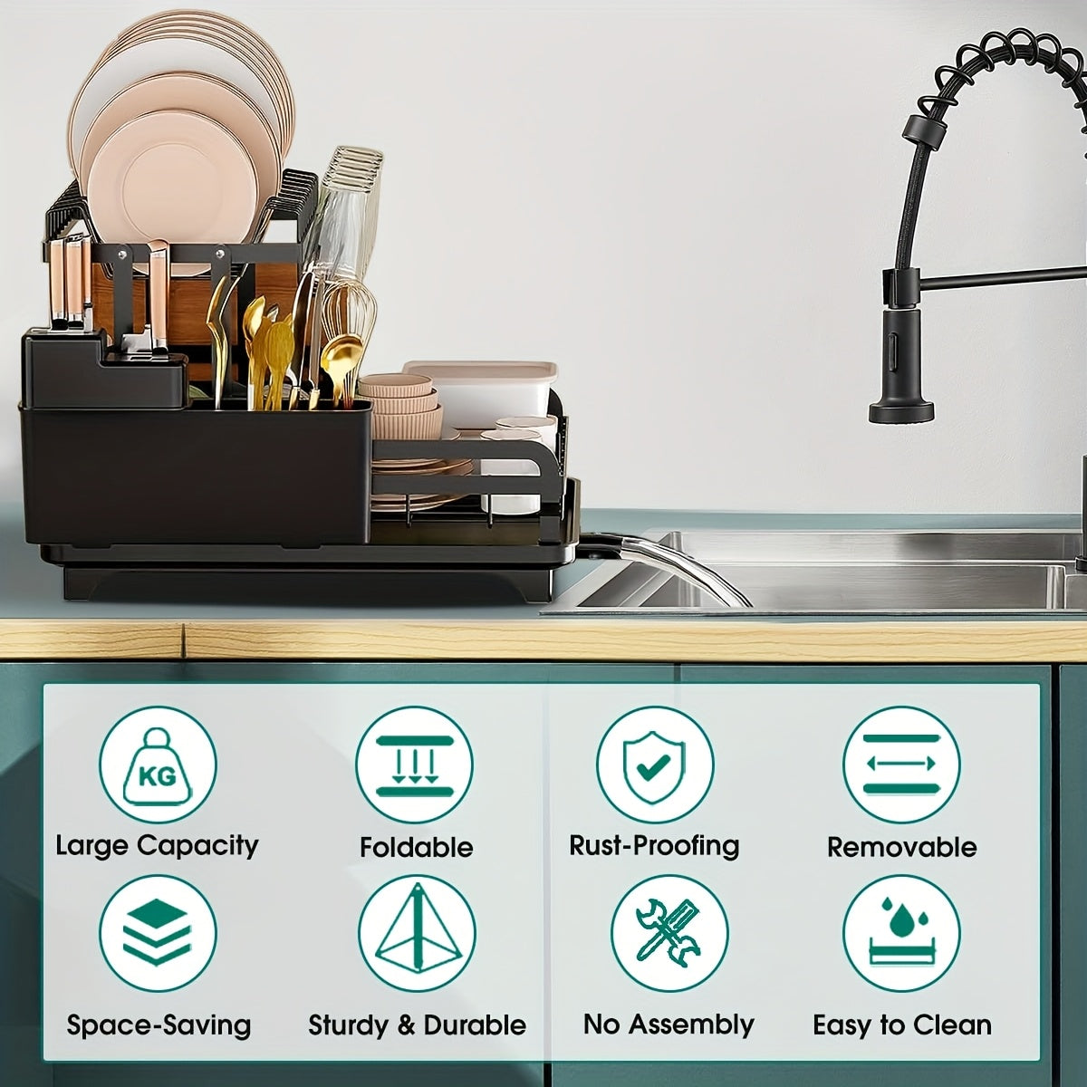 Dish Drying Rack, 2 Tier Foldable Stainless Steel Large Dish Drainer Rack with Drip Tray, Adjustable Utensil & Chopping Board Holder, Space- Saving Rustproof Non- Slip Kitchen Dish Dryer for Sink, Black
