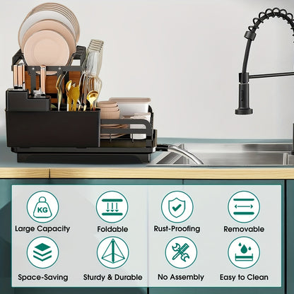 Dish Drying Rack, 2 Tier Foldable Stainless Steel Large Dish Drainer Rack with Drip Tray, Adjustable Utensil & Chopping Board Holder, Space- Saving Rustproof Non- Slip Kitchen Dish Dryer for Sink, Black