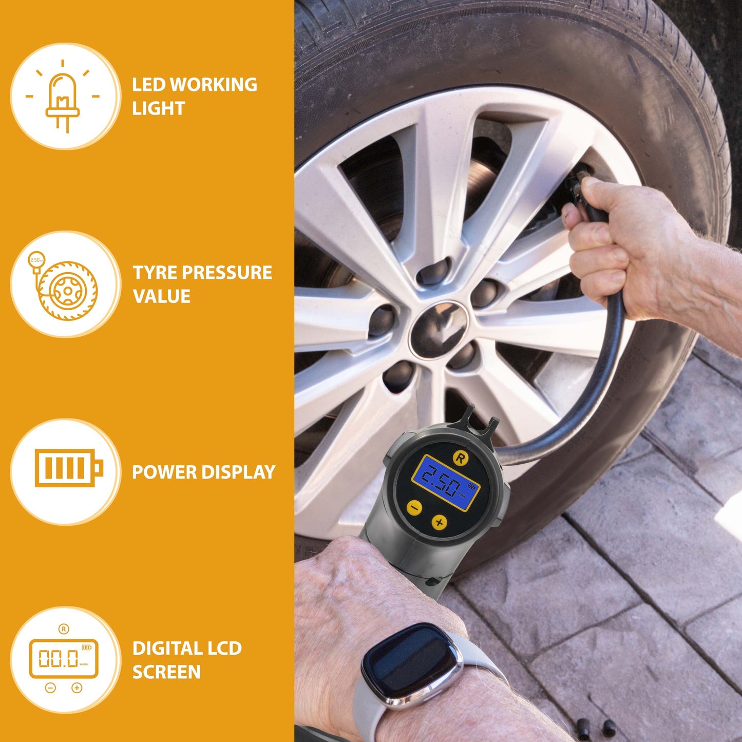 Cordless Digital Tyre Inflator USB Rechargeable 150PSI Auto Shut-Off with LCD Display & LED Light – Portable Air Compressor with 3 Nozzle Adaptors for Car, Motorcycle, Bicycle & Inflatables
