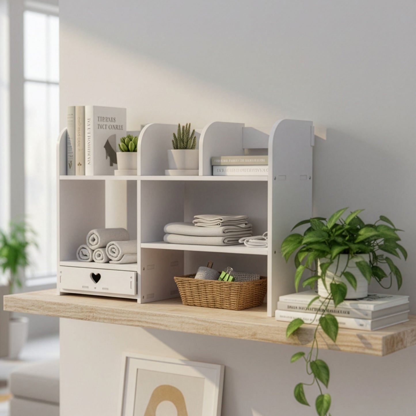 Multi-Layer Elevated Desktop Shelf, Rectangular Fiberboard Storage Organizer, Painted Finish, Cosmetic and Accessory Holder for Dressing Table and Desk