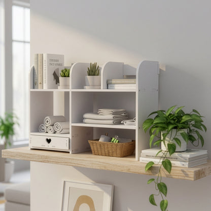 Multi-Layer Elevated Desktop Shelf, Rectangular Fiberboard Storage Organizer, Painted Finish, Cosmetic and Accessory Holder for Dressing Table and Desk