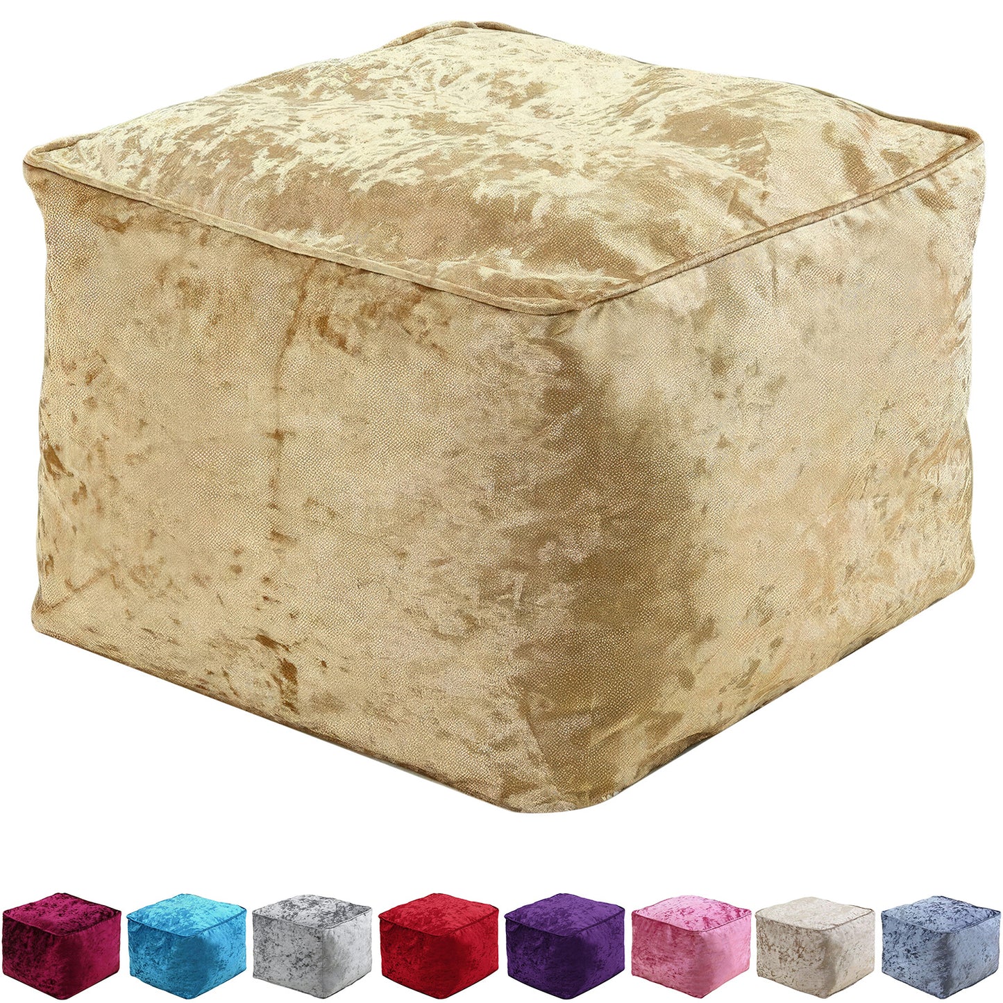 Fully Filled Velvet Bean Bag Footstool – Cube Pouffe Seat, 40×40×30cm, Soft Crush Velvet, Square Shape, Ideal as Foot Rest or Extra Seating