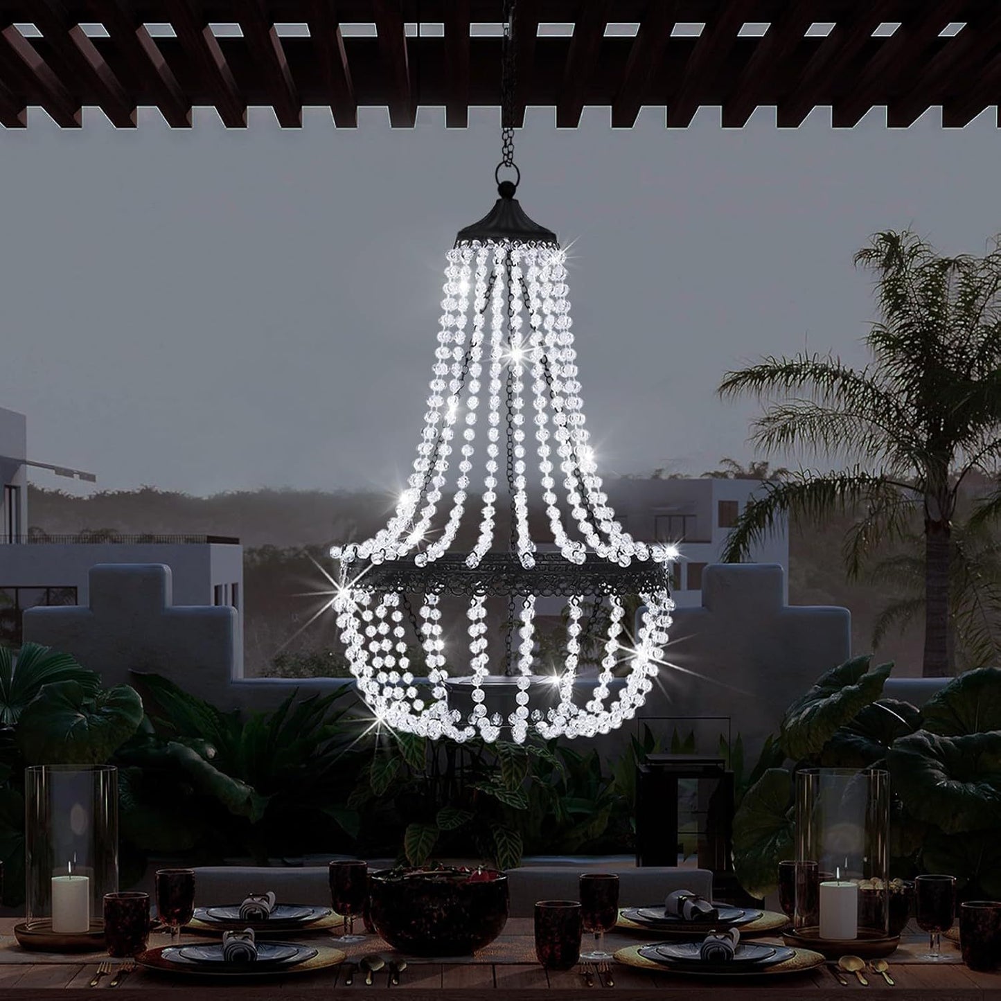 Taylor & Brown 28" Tall Hanging Solar Powered Acrylic Crystal Chandelier Light Lantern Modern Outdoor Garden Meadow with 30 Cool White LED Lights for Yard, Patio and Gazebo Decorations